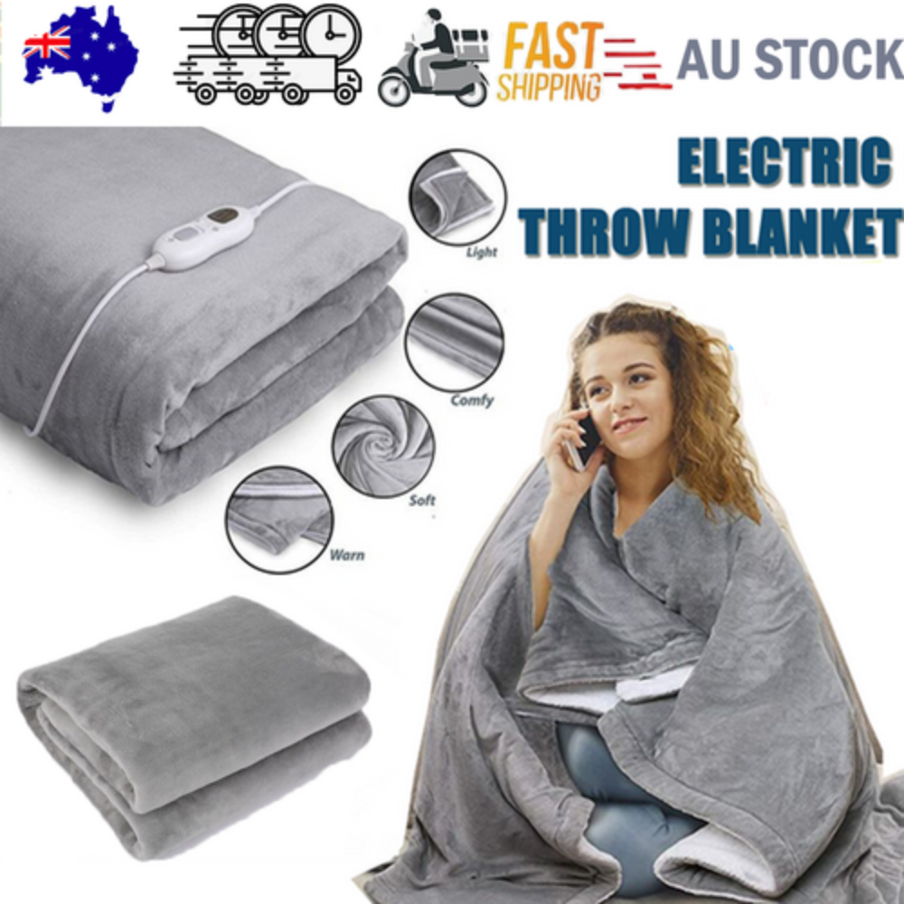 Double Side Flannel Heated Electric Throw Rug Blanket Fast Heating Warm Washable Grey