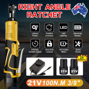 21V 3/8'' 100N.M Electric Right Angle Ratchet Wrench Charger+ Battery