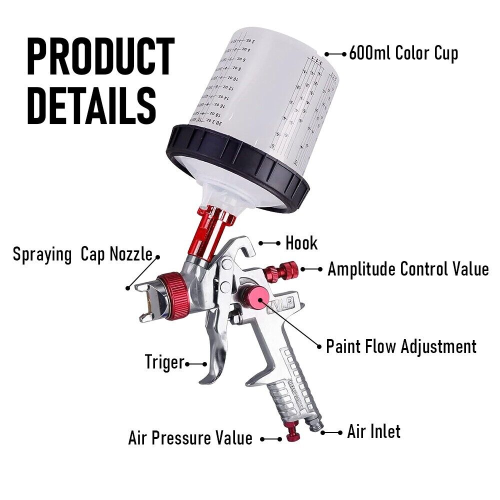 Air Hvlp Spray Gun Paint 600Cc Gravity Feed Cup 1.4Mm 1.7Mm 2Mm Tip Au Stock