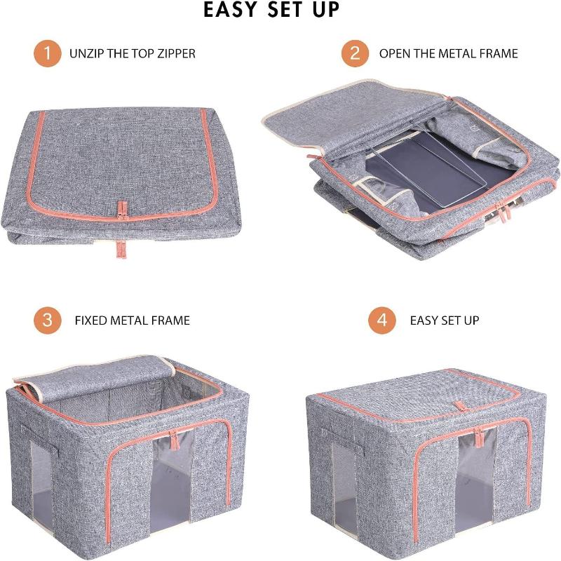 Foldable Storage Box Crushed Steel Frame Clothes Quilt Toys Organizer 60L Random Color