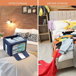 Foldable Storage Box Crushed Steel Frame Clothes Quilt Toys Organizer 60L Random Color