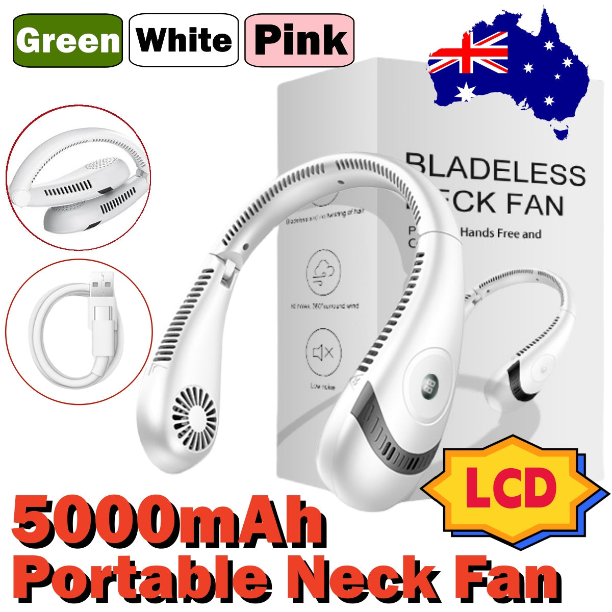 5000Mah Mini Neck Fan Bladeless Foldable Portable Quiet Rechargeable 360Degree Cooler Random Colour