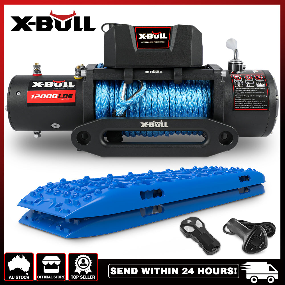 X Bull 12V Electric Winch 12000Lbs 4Wd Synthetic Rope/2Pcs Recovery Tracks Sand Mud Gen3.0 Blue