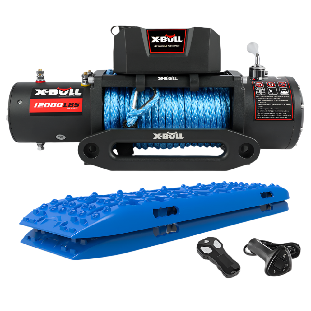 X Bull 12V Electric Winch 12000Lbs 4Wd Synthetic Rope/2Pcs Recovery Tracks Sand Mud Gen3.0 Blue