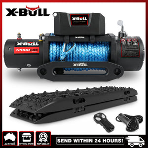 X Bull 12V Electric Winch 12000Lbs 4Wd Synthetic Rope With 2Pcs Recovery Tracks Boards Gen3.0 Black