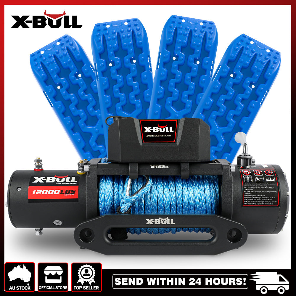 X Bull 12V Electric Winch 12000Lb Synthetic Rope With 4Pcs Recovery Tracks Sand Mud Gen3.0 Blue