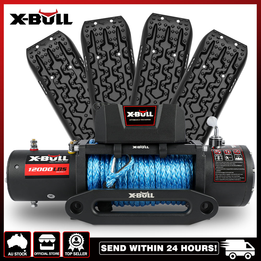 X Bull 12000Lb Electric Winch 12V Synthetic Rope With 4Pcs Recovery Tracks Boards Gen3.0 Black