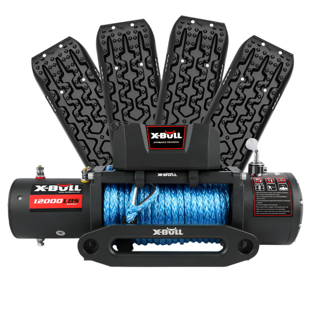 X Bull 12000Lb Electric Winch 12V Synthetic Rope With 4Pcs Recovery Tracks Boards Gen3.0 Black