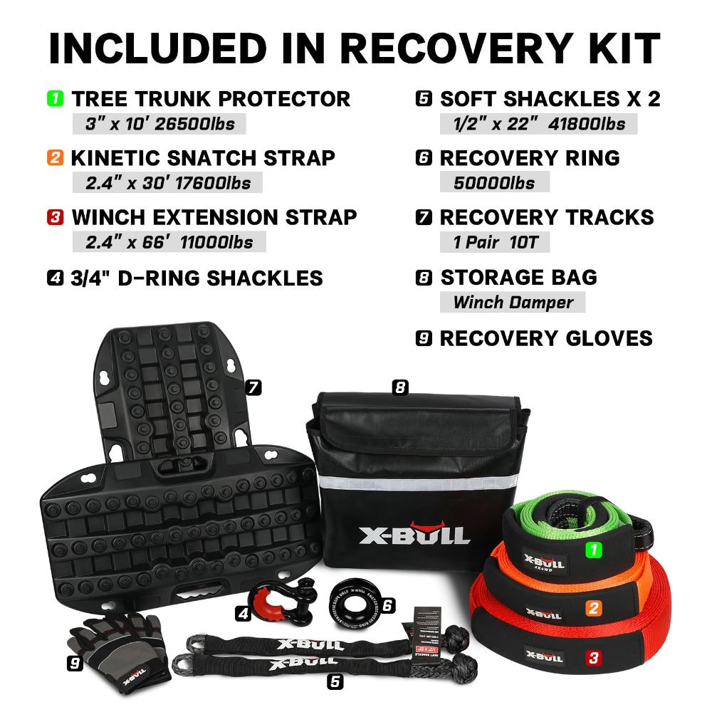 X Bull 4Wd Winch Recovery Kit 12Pcs Tracks Snatch Strap Soft Shackles Ring