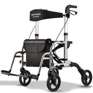 EQUIPMED 2 in 1 Folding Rollator Wheelchair Adjustable Mobility Walker w/ Park Brakes & Bag Silver