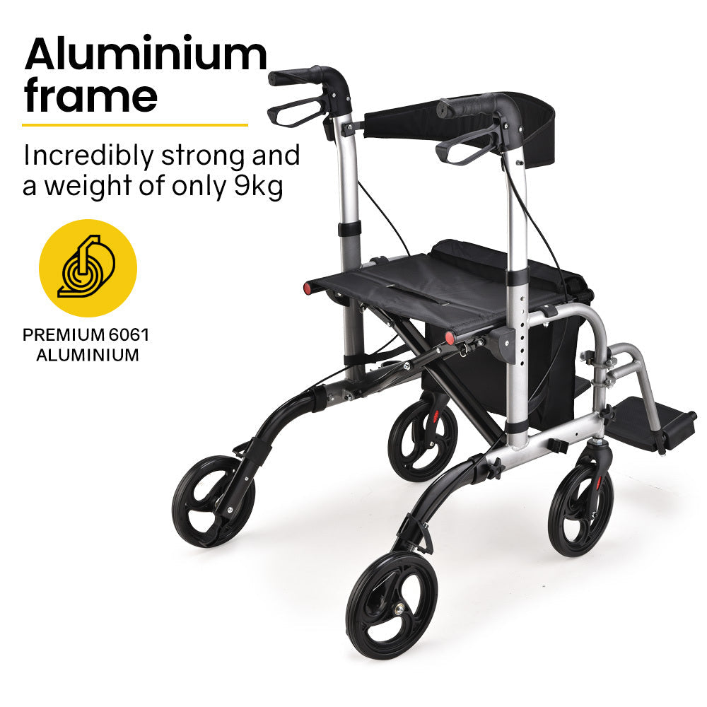 EQUIPMED 2 in 1 Folding Rollator Wheelchair Adjustable Mobility Walker w/ Park Brakes & Bag Silver