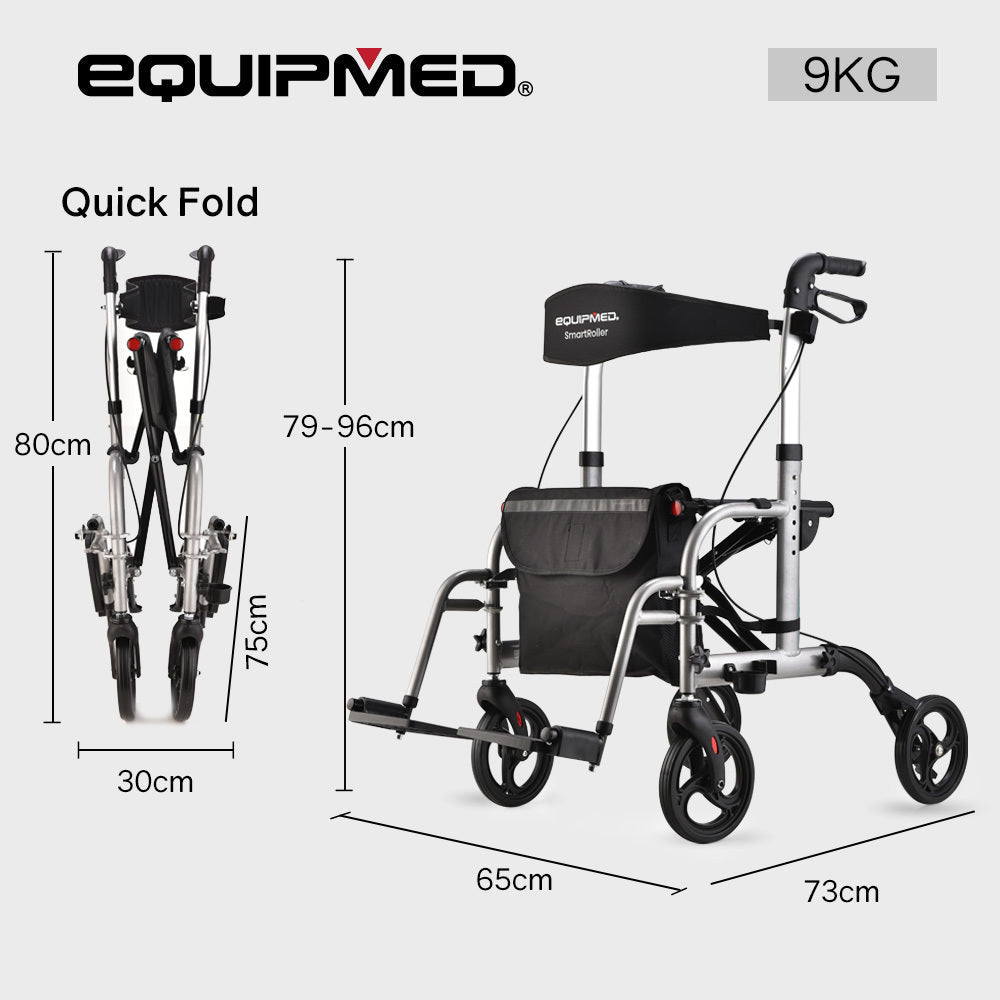 EQUIPMED 2 in 1 Folding Rollator Wheelchair Adjustable Mobility Walker w/ Park Brakes & Bag Silver