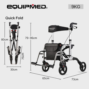EQUIPMED 2 in 1 Folding Rollator Wheelchair Adjustable Mobility Walker w/ Park Brakes & Bag Silver