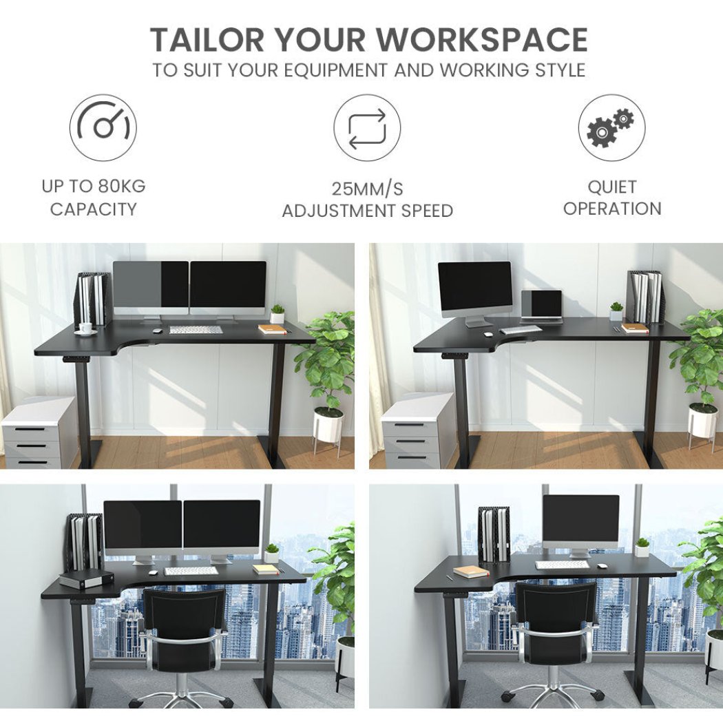 Fortia L Shape Standing Desk 1450W X 850D 600D Dual Motor 80Kg Load Sit To Up Electric Height Adjustable Left Hand Sided