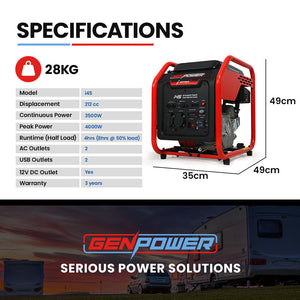 Genpower Portable Petrol Inverter Camping Construction Generator 4Kw Max 3.5Kw Rated 212Cc Stroke