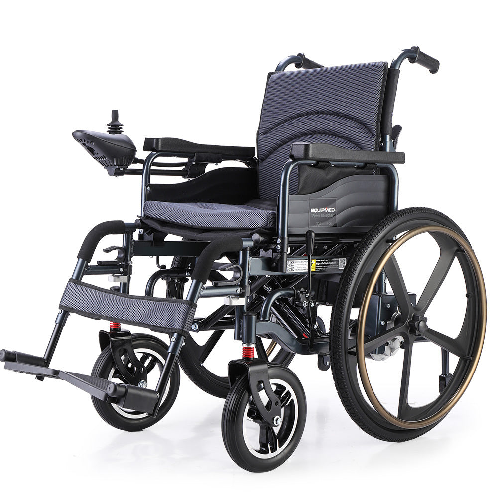 Equipmed Electric Wheelchair Folding Long Range Lithium Battery 24" Rear Wheels Black