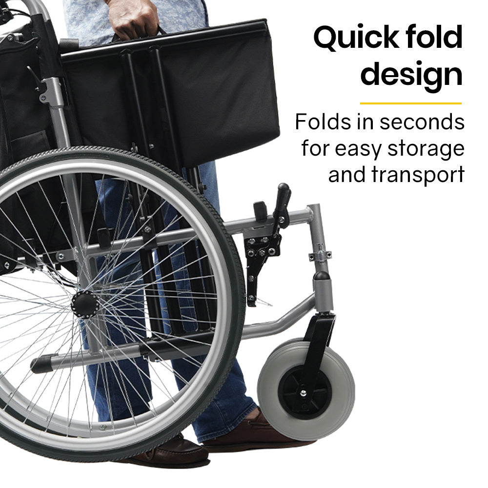 Equipmed Extra Wide Folding Wheelchair Aluminium Frame 150Kg Capacity 24 Inch Wheels Park Brakes Black