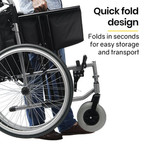 Equipmed Extra Wide Folding Wheelchair Aluminium Frame 150Kg Capacity 24 Inch Wheels Park Brakes Black