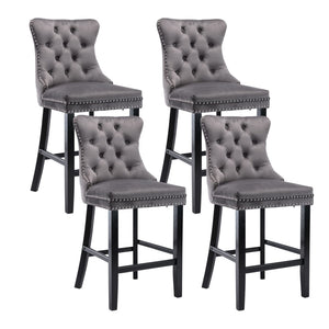 4X Velvet Bar Stools With Studs Trim Wooden Legs Tufted Dining Chairs Kitchen