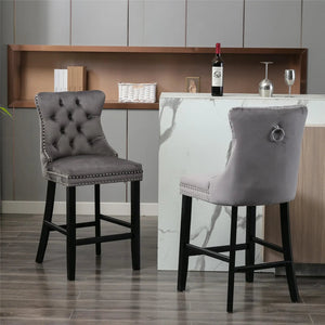 4X Velvet Bar Stools With Studs Trim Wooden Legs Tufted Dining Chairs Kitchen