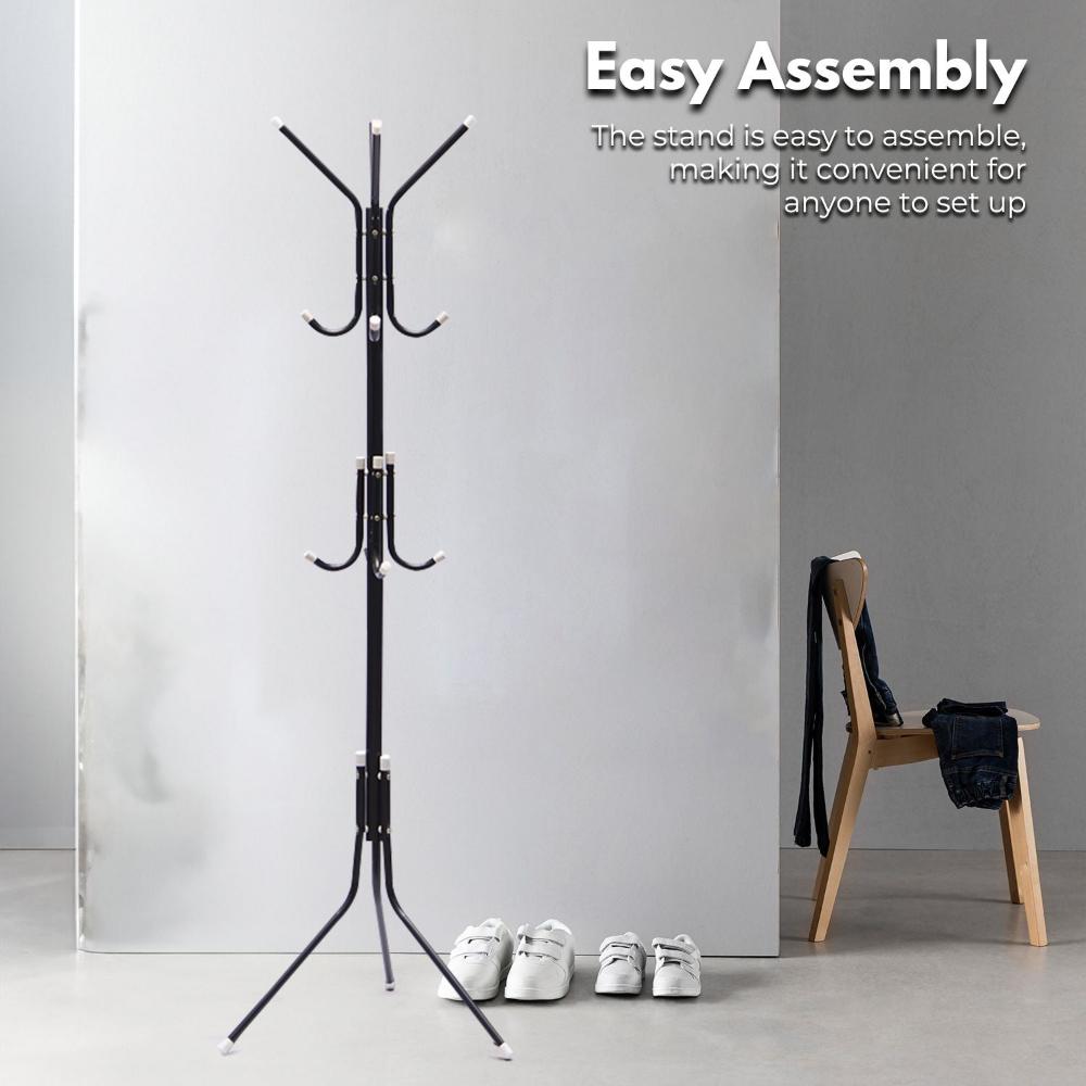 Ekkio 12 Hook Metal Coat Rack Stand With 3 Tier Hat Hanger (Black)