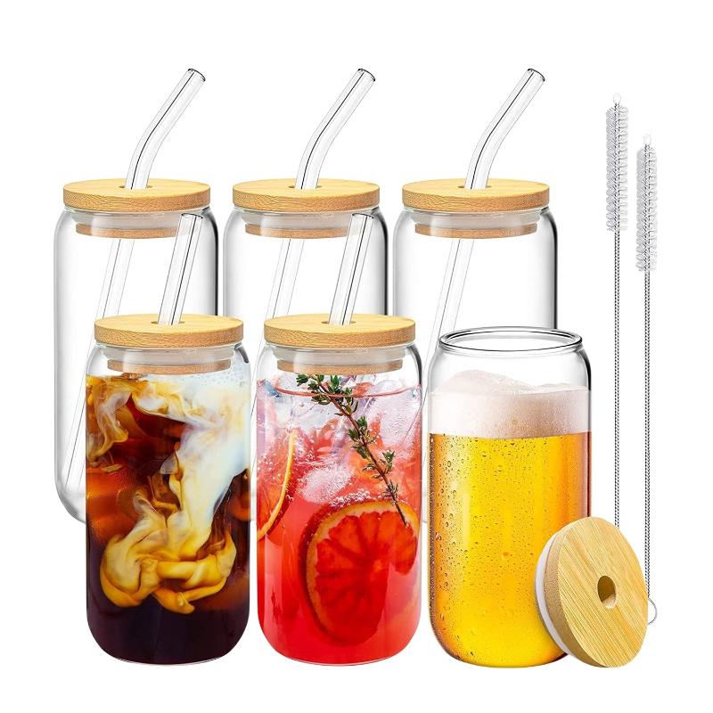 Gominimo 6 Pcs Clear Drinking Glasses With Bamboo Lids And Straw(16 Oz )