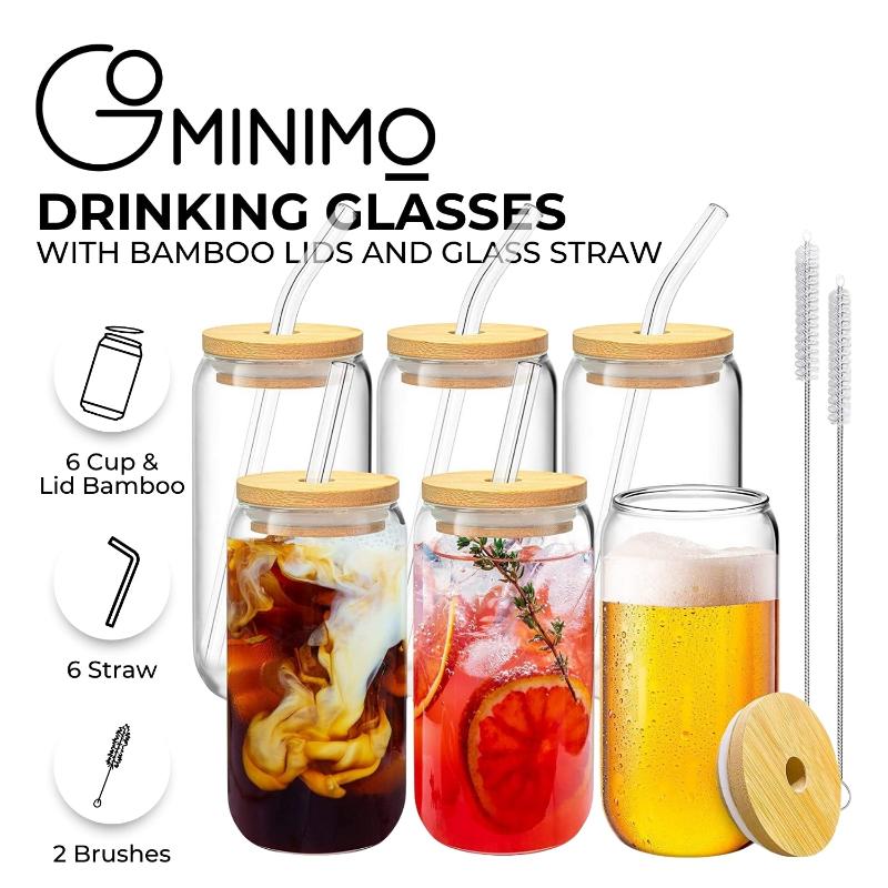 Gominimo 6 Pcs Clear Drinking Glasses With Bamboo Lids And Straw(16 Oz )