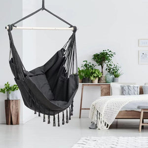 Noveden Hammock Chair Hanging Rope Swing With 2 Seat Cushions Included (Dark Grey)