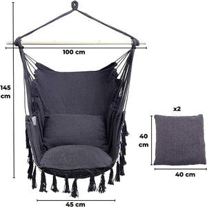 Noveden Hammock Chair Hanging Rope Swing With 2 Seat Cushions Included (Dark Grey)