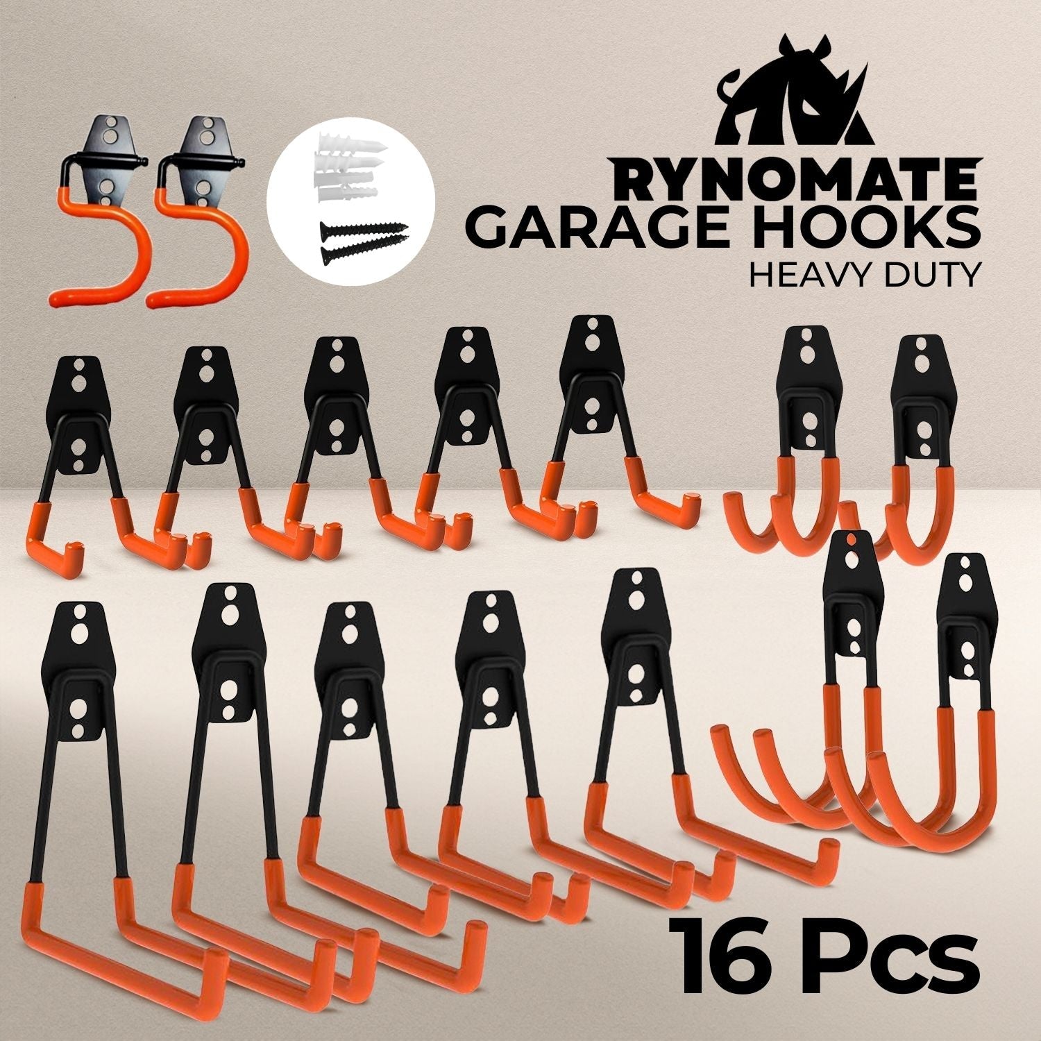 Rynomate 16 Pack Garage Hooks Heavy Duty (Orange)