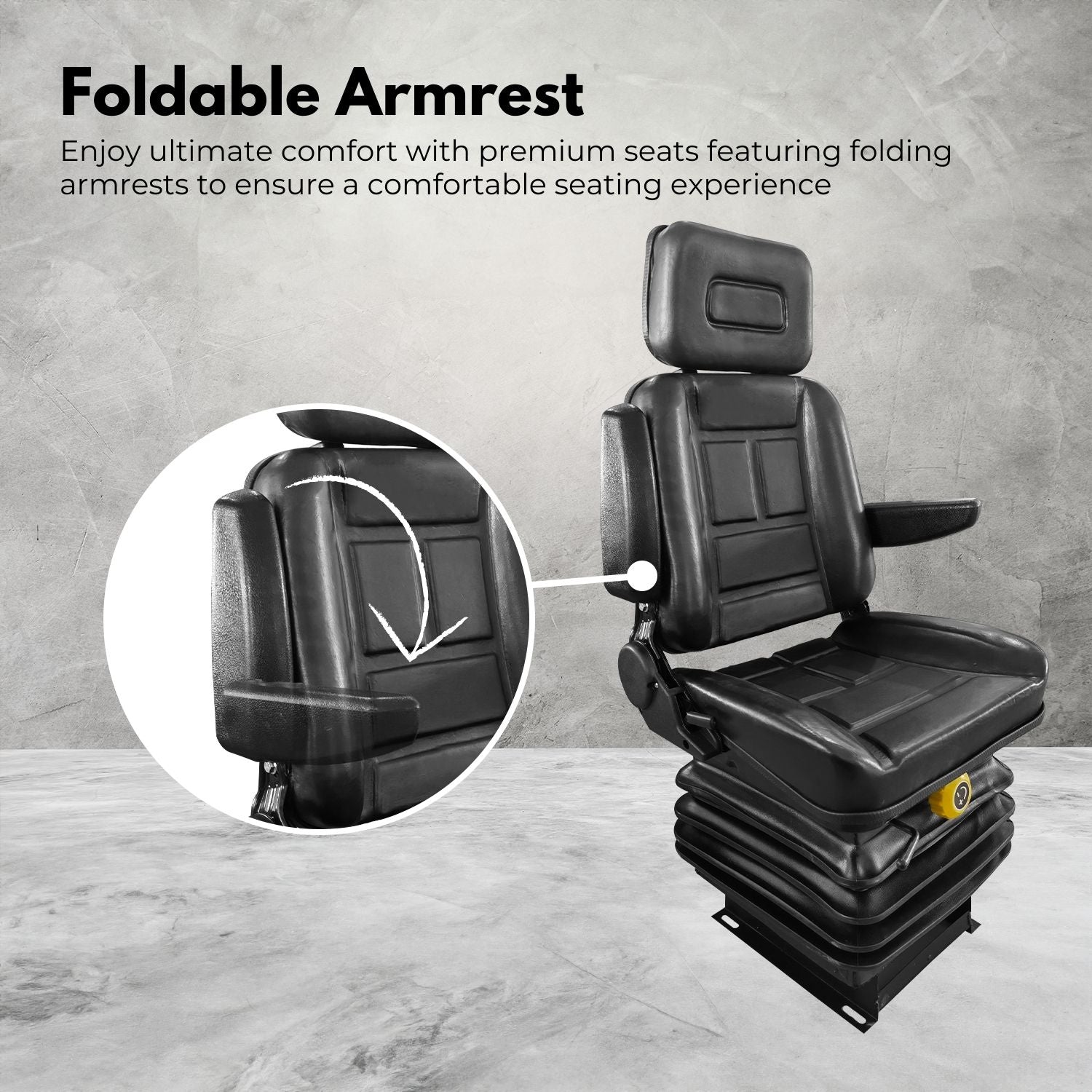 Rynomate Adjustable Suspension Seat With Foldable Armrest For Heavy Machinery (Black)