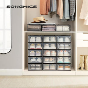 Songmics 18 Pack Foldable Stackable Shoe Boxes Max Au Size 11 Black Transparent