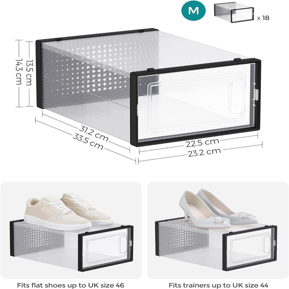 Songmics 18 Pack Foldable Stackable Shoe Boxes Max Au Size 11 Black Transparent