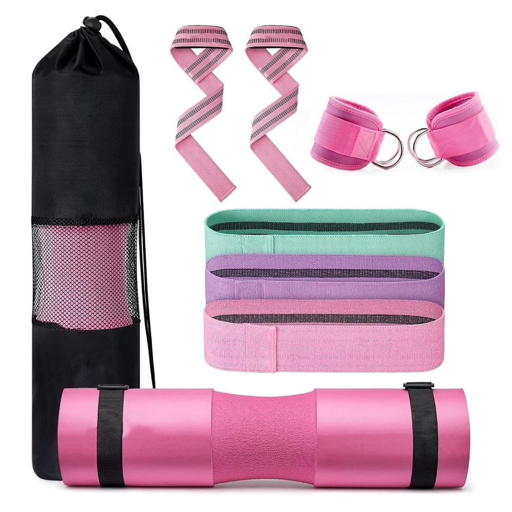 Barbell Squat Pad Set 2 Safety Straps 3 Hip Resistance Bands Lifting And Bag Pink