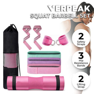 Barbell Squat Pad Set 2 Safety Straps 3 Hip Resistance Bands Lifting And Bag Pink