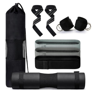 Barbell Squat Pad Set 2 Safety Straps 3 Hip Resistance Bands Lifting And Bag Black