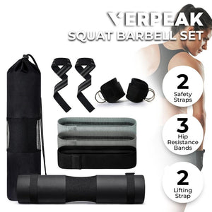 Barbell Squat Pad Set 2 Safety Straps 3 Hip Resistance Bands Lifting And Bag Black