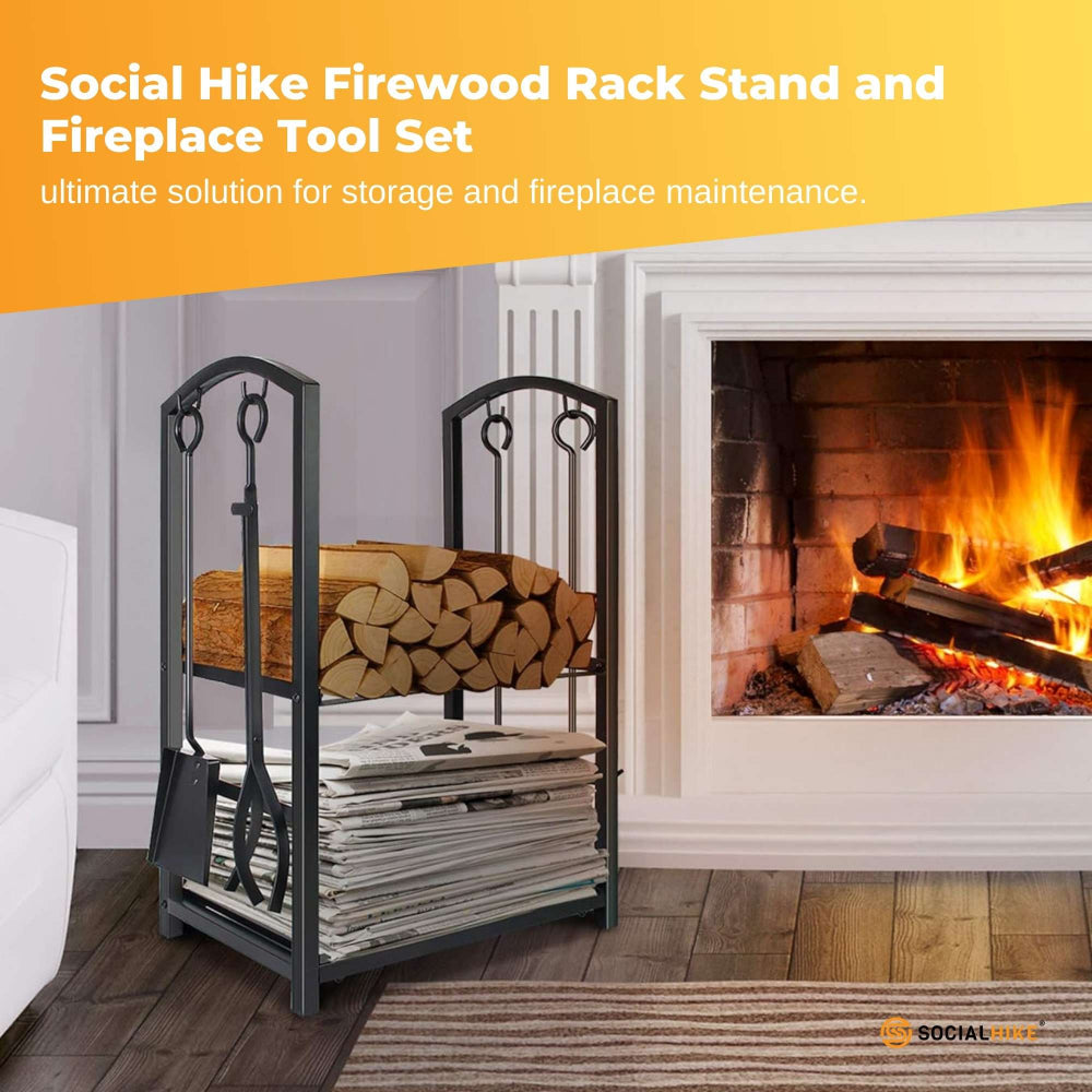 Social Hike Firewood Rack Stand And Fireplace Tool Set For Log Holder Storage