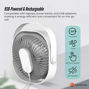 3 Speed Usb 20Cm Desktop Fan Quiet Portable Lightweight Rechargeable Cooler