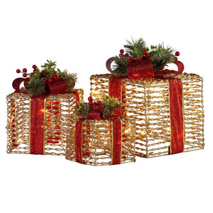 Swishmas Set Of 3 Christmas Gift Boxes With Lights Champagne Red Bows