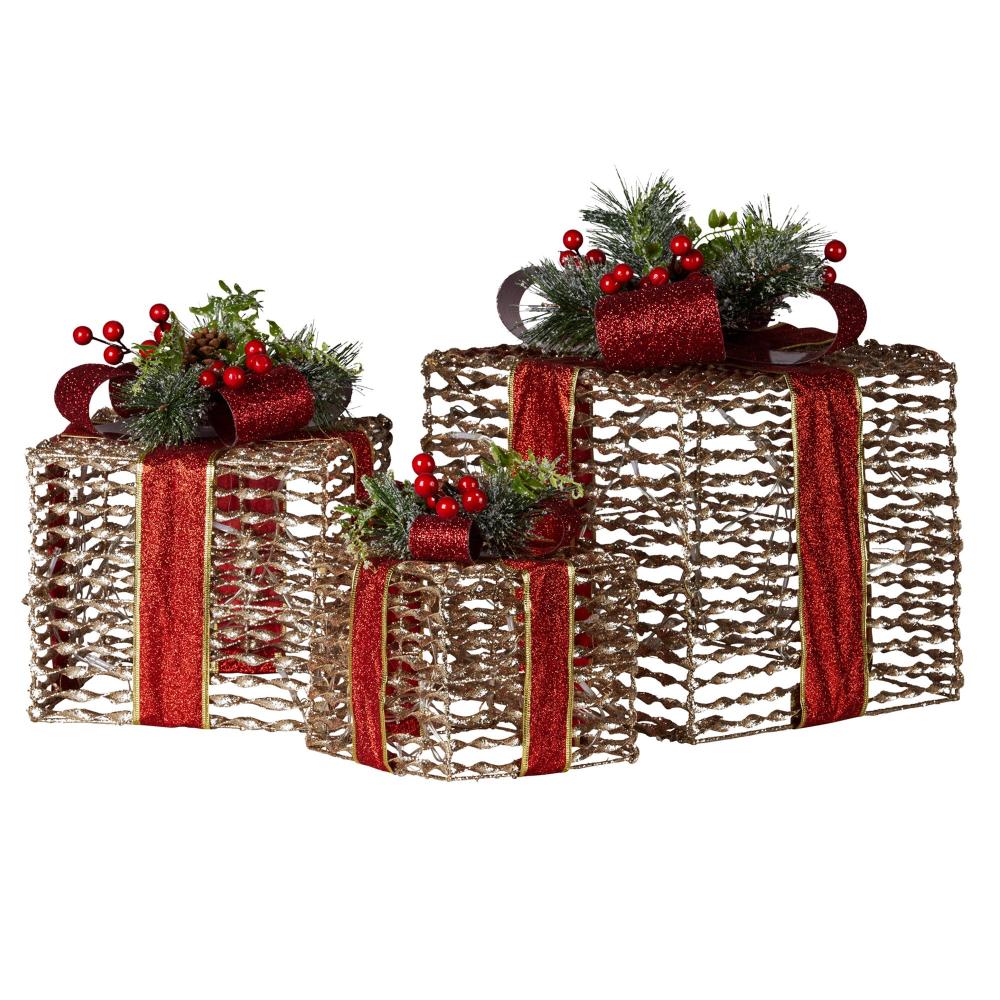 Swishmas Set Of 3 Christmas Gift Boxes With Lights Champagne Red Bows