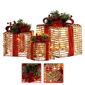 Swishmas Set Of 3 Christmas Gift Boxes With Lights Champagne Red Bows