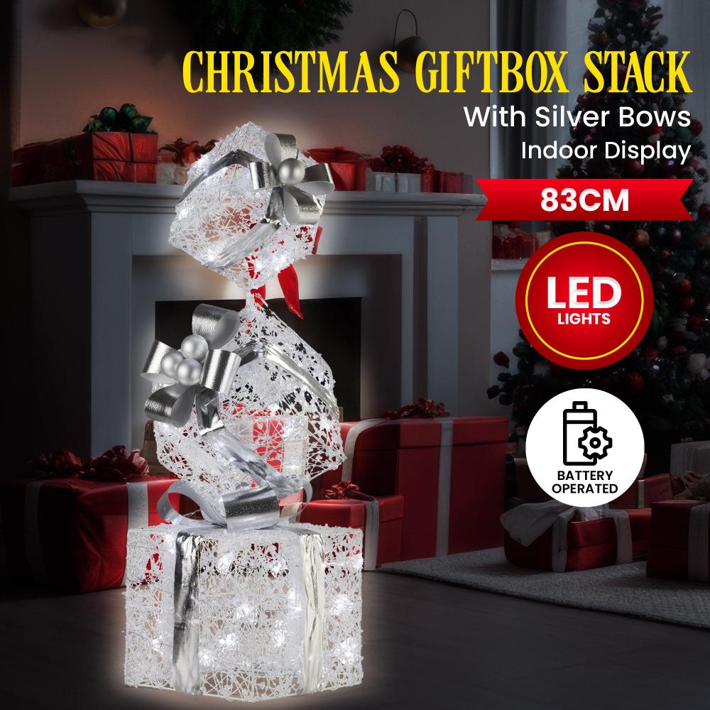 Swishmas 83Cm Triple Christmas Silver Giftbox Stack Display With Lights