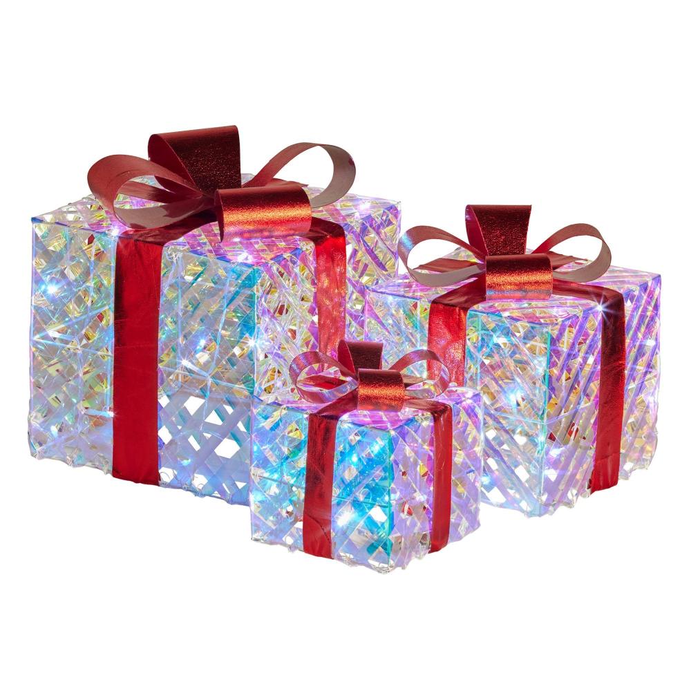 Swishmas Set Of 3 Christmas Gift Boxes With Lights Clear Shimmer Red Bows