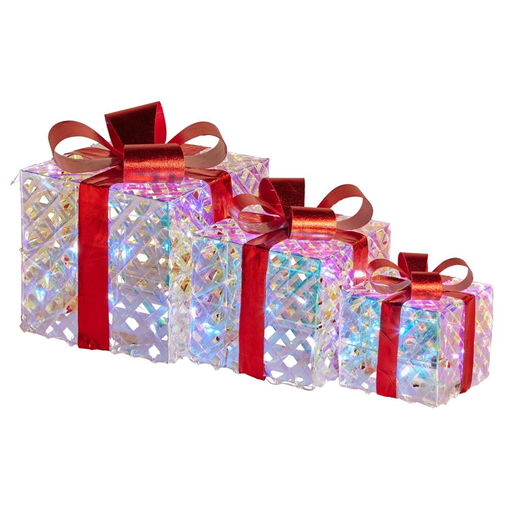 Swishmas Set Of 3 Christmas Gift Boxes With Lights Clear Shimmer Red Bows