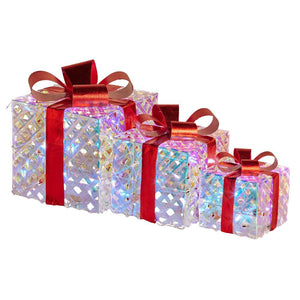 Swishmas Set Of 3 Christmas Gift Boxes With Lights Clear Shimmer Red Bows