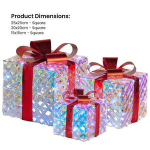 Swishmas Set Of 3 Christmas Gift Boxes With Lights Clear Shimmer Red Bows