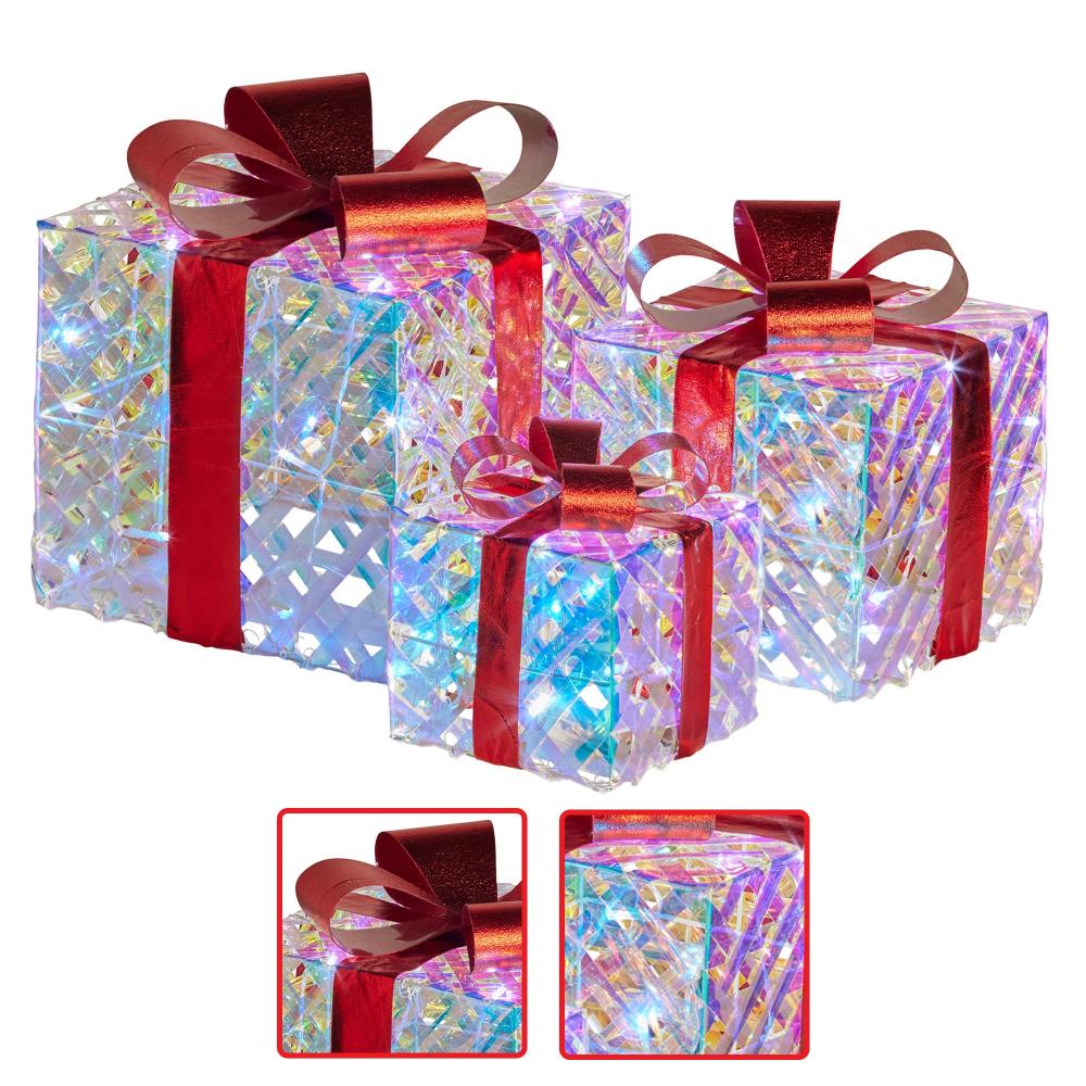 Swishmas Set Of 3 Christmas Gift Boxes With Lights Clear Shimmer Red Bows