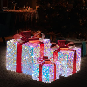 Swishmas Set Of 3 Christmas Gift Boxes With Lights Clear Shimmer Red Bows