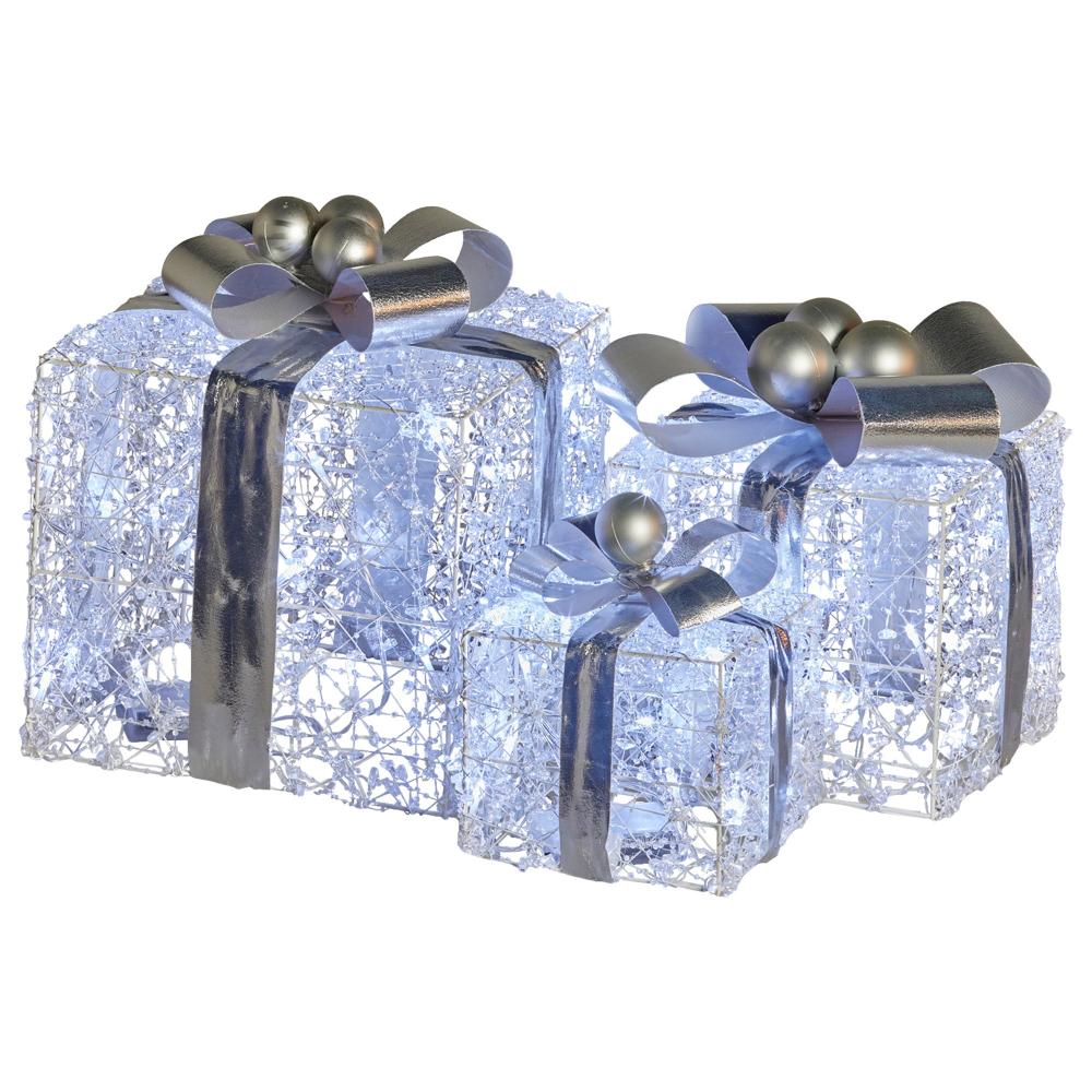 Swishmas Set Of 3 Christmas Gift Boxes With Lights Jewelled Wire And Silver Bows